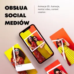 Kompozycja z telefonem wyświetlającym zdjęcie dwóch uśmiechniętych kobiet w okularach, otoczona kartami z podobnymi portretami, sugerująca dynamiczną obecność w mediach społecznościowych...