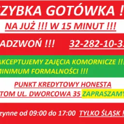 Kolorowy plakat reklamowy punktu kredytowego 'Honesta' w Bytomiu, oferującego szybką gotówkę, akceptującego zajęcia komornicze i minimalne formalności, z podanym numerem telefonu i informacją...