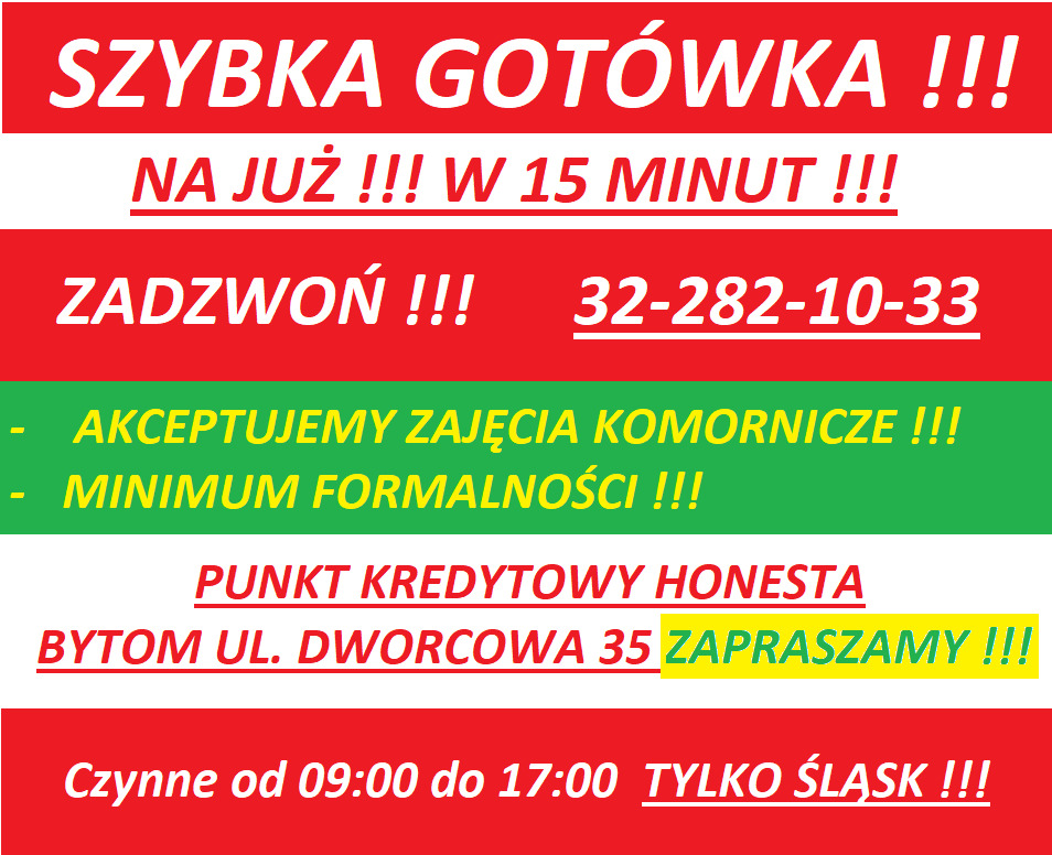 Kolorowy plakat reklamowy punktu kredytowego 'Honesta' w Bytomiu, oferującego szybką gotówkę, akceptującego zajęcia komornicze i minimalne formalności, z podanym numerem telefonu i informacją...