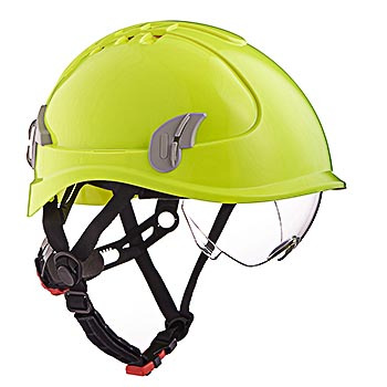 Żółty kask ochronny z przezroczystą osłoną twarzy, widoczne regulowane paski i uchwyty, na białym tle.