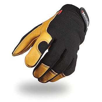 Para rękawic roboczych: czarny materiał wierzchni, skórzana dłoń w kolorze beżowym, widoczne wzmocnienia i logo producenta.