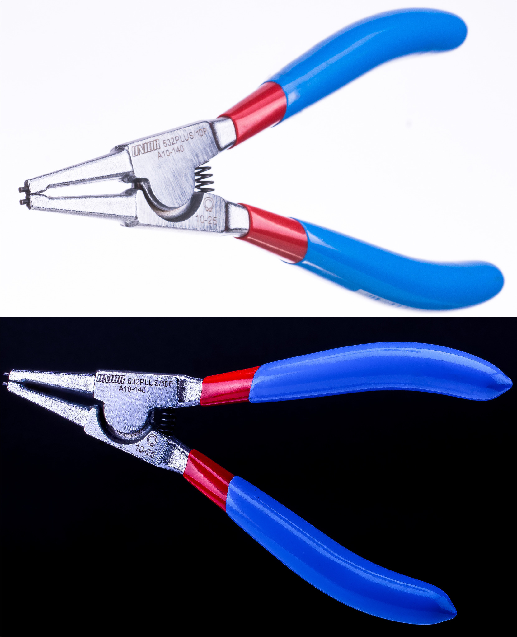 Szczegółowe ujęcie szczypiec do pierścieni osadczych z niebieskimi uchwytami i czerwonymi wstawkami, na białym i czarnym tle.