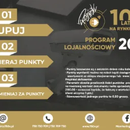 Grafika reklamowa programu lojalnościowego z kamerą monitoringu, informująca o możliwości zbierania punktów za zakupy i wymieniania ich na nagrody, z logo firmy i danymi kontaktowymi.