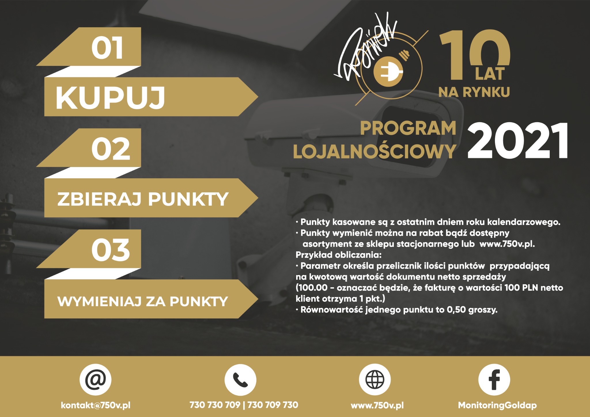 Grafika reklamowa programu lojalnościowego z kamerą monitoringu, informująca o możliwości zbierania punktów za zakupy i wymieniania ich na nagrody, z logo firmy i danymi kontaktowymi.