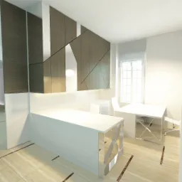 Wizualizacja jasnego biura z białym biurkiem z lustrzanymi panelami, nowoczesną ścianą z drewnianymi elementami i dużym oknem w tle.