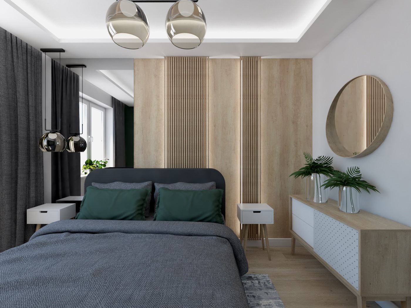 Nowoczesna sypialnia z drewnianą ścianą akcentującą, szarym łóżkiem, zielonymi poduszkami, okrągłym lustrem i designerskimi lampami wiszącymi.