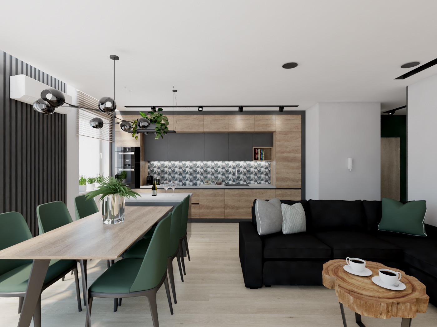 Wizualizacja przestronnego wnętrza: kuchnia z drewnianymi i szarymi szafkami, mozaikowa ściana nad blatem, stół z zielonymi krzesłami, czarna sofa z poduszkami i stolik kawowy z drewnianym blatem.