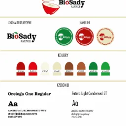 Arkusz prezentujący elementy identyfikacji wizualnej dla firmy BioSady z Mazowsza, w tym logo z jabłkiem, alternatywne wersje logo, projekt naklejek, paletę kolorów oraz użyte czcionki Orelega One...