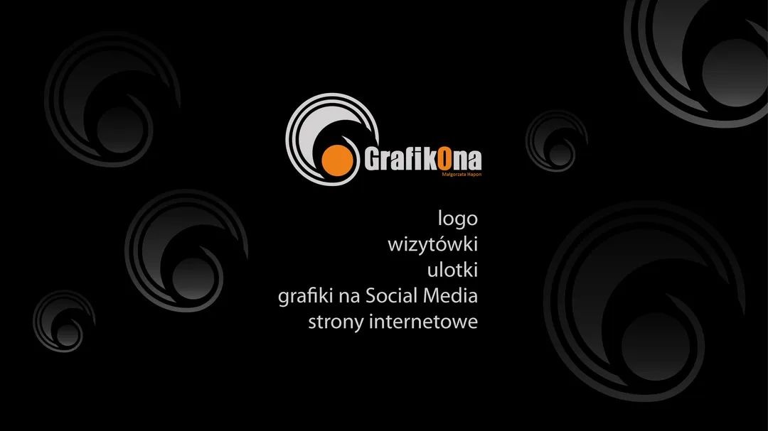 Czarno-pomarańczowe logo firmy GrafikOna z nazwą i hasłem Małgorzata Hapon, otoczone stylizowanymi ornamentami w kształcie spirali, poniżej wypisane usługi: logo, wizytówki, ulotki, grafiki...