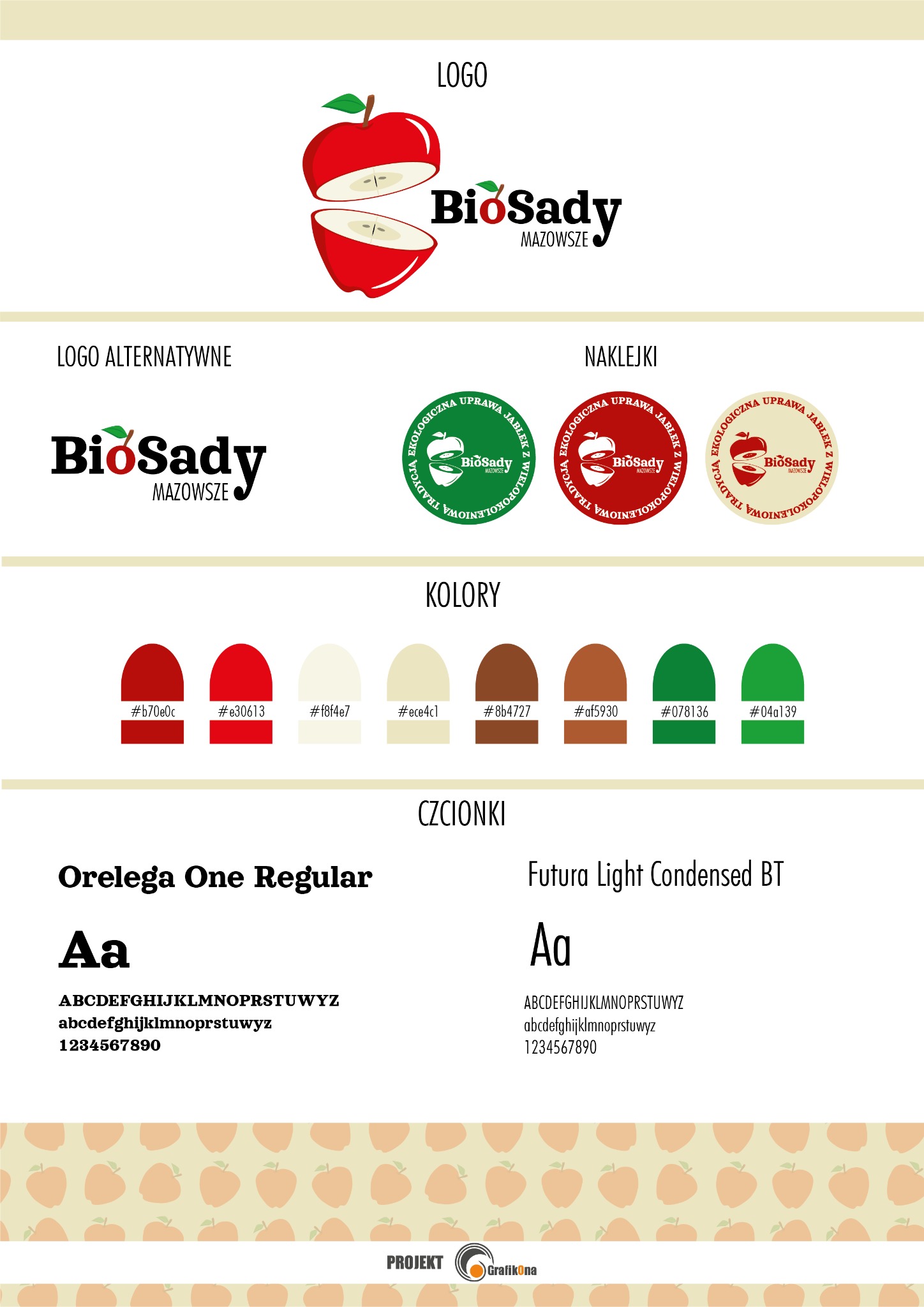Arkusz prezentujący elementy identyfikacji wizualnej dla firmy BioSady z Mazowsza, w tym logo z jabłkiem, alternatywne wersje logo, projekt naklejek, paletę kolorów oraz użyte czcionki Orelega One...