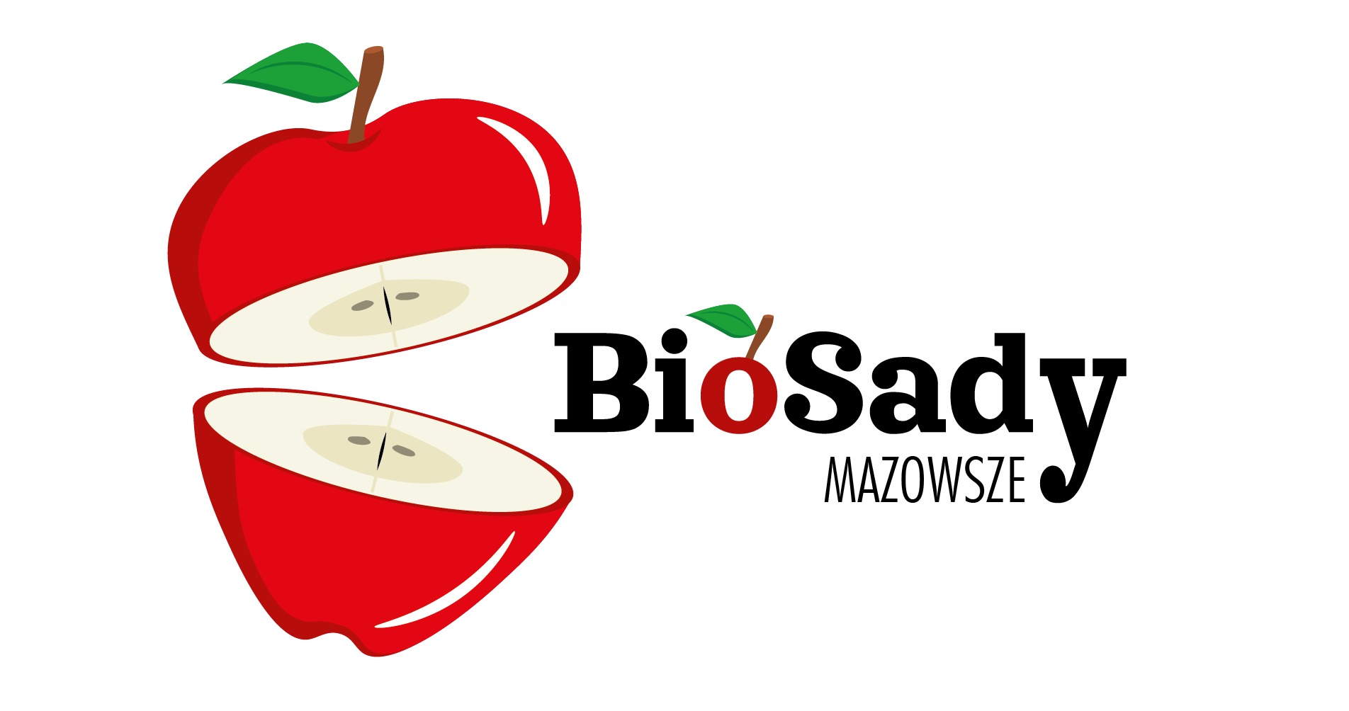 Grafika wektorowa przedstawiająca przekrojone czerwone jabłko z zielonym listkiem, obok czarny napis 'BioSady' z jabłkiem zamiast litery 'O', a pod nim 'MAZOWSZE'.