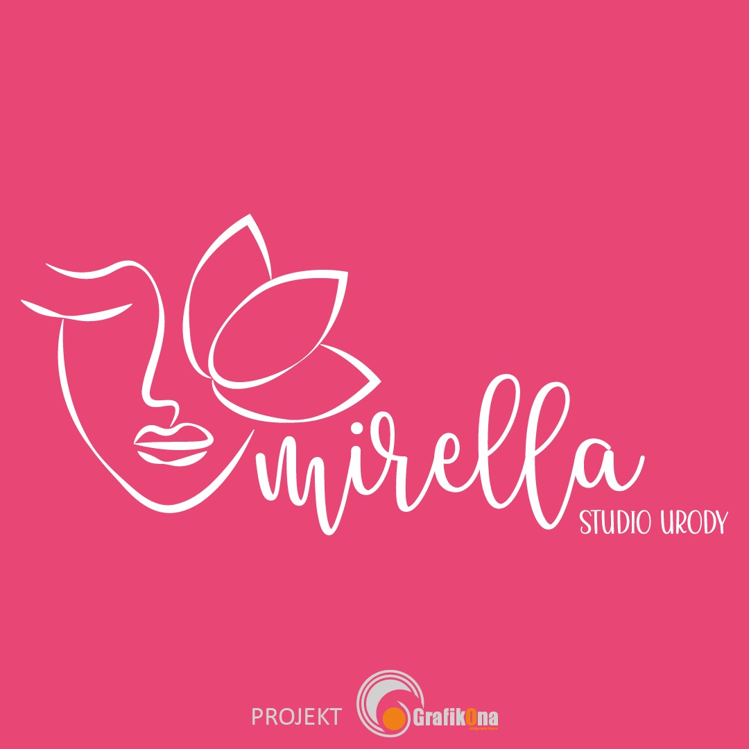 Eleganckie logo studia urody 'Mirella' na różowym tle, przedstawiające stylizowaną twarz i kwiat lotosu w formie białego konturu.