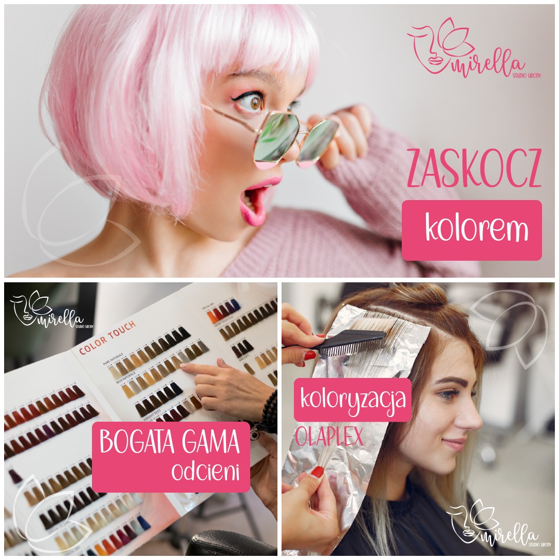 Kolaż reklamowy studia urody: zaskoczona kobieta w różowej peruce i okularach, paleta kolorów włosów, proces koloryzacji włosów z użyciem folii i grzebienia.