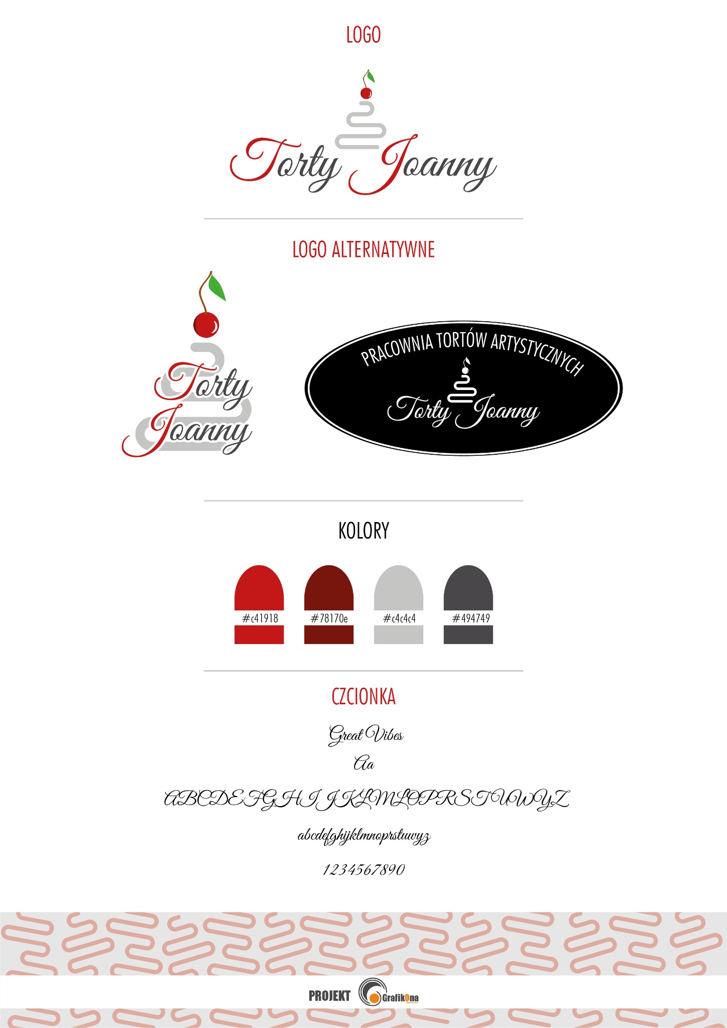 Projekt identyfikacji wizualnej pracowni tortów artystycznych: logo w dwóch wariantach, paleta kolorów z kodami heksadecymalnymi oraz użyta czcionka Great Vibes wraz z alfabetem.