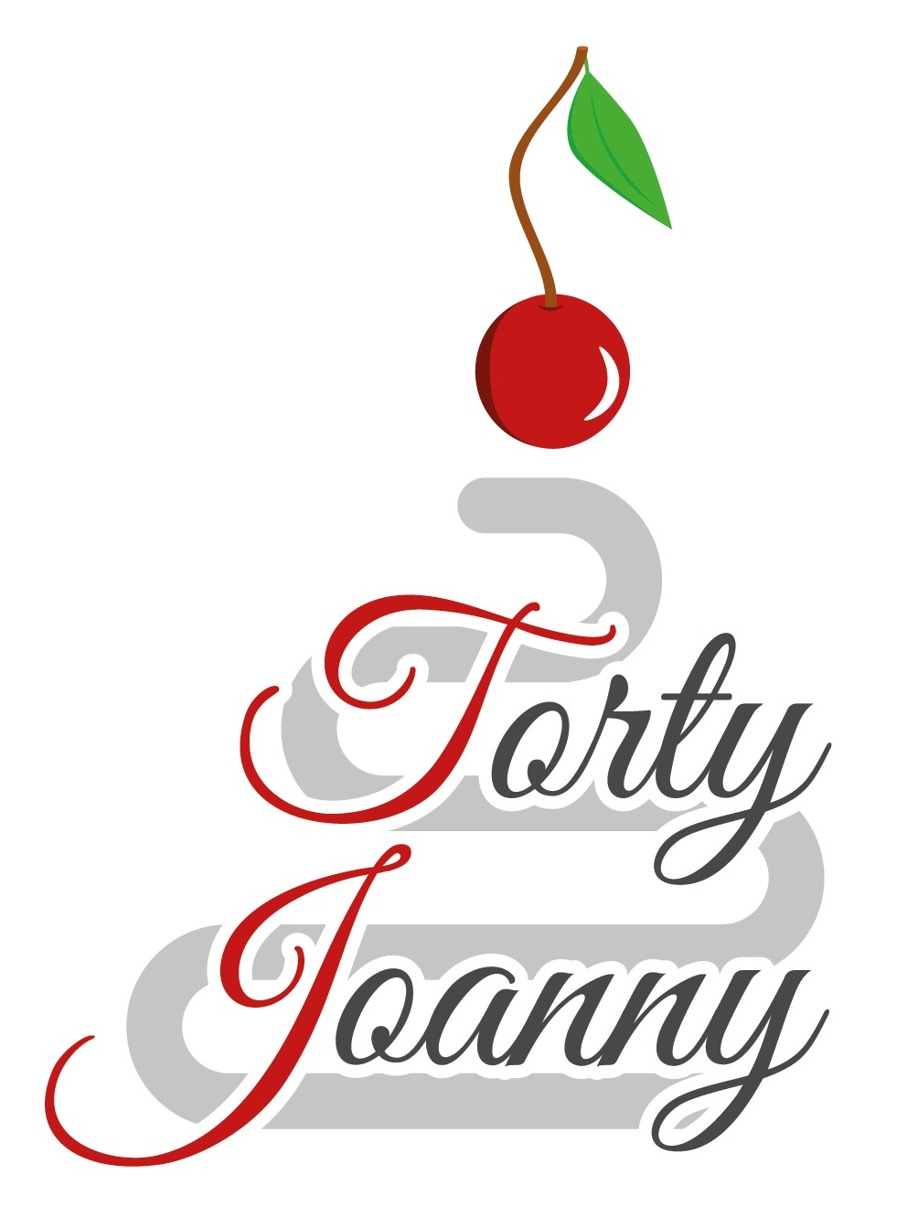 Ilustracja logo z wiśnią na górze i napisem 'Forty Joanny' w kolorach czerwonym i szarym, stylizowane litery.