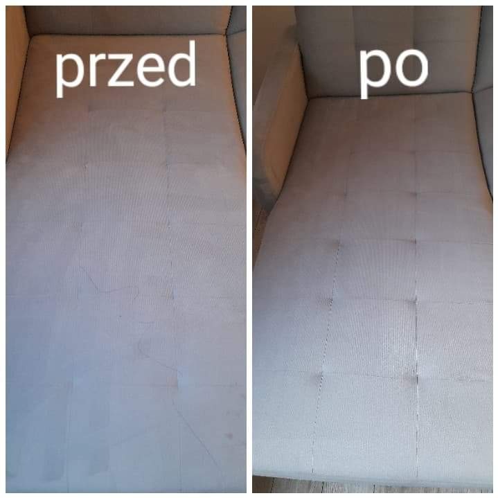 Kanapa w odcieniach szarości, podzielona na dwie części: lewa strona ukazuje zabrudzenia przed czyszczeniem, prawa prezentuje czystą powierzchnię po usunięciu plam.