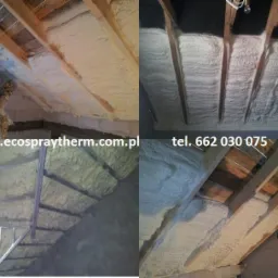 Cztery ujęcia poddasza z drewnianą konstrukcją dachu, ocieplonego białą pianką natryskową, widoczny pracownik w kombinezonie podczas aplikacji, adres strony internetowej i numer telefonu na zdjęciu.
