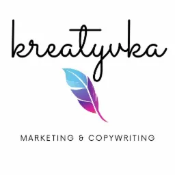 Logo firmy 'kreatyvka' z motywem pióra w odcieniach niebieskiego i fioletu, podpisane 'MARKETING & COPYWRITING'.