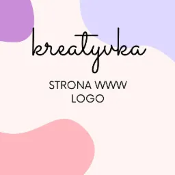 Grafika z napisem 'kreatyvka', ikoną żarówki z profilem głowy i kwiatem w środku, ikoną laptopa i myszy na tle z abstrakcyjnymi kształtami w kolorach fioletowym i różowym.