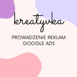 Grafika z napisem 'kreatywka', informacją o prowadzeniu reklam Google Ads oraz ikonami żarówki z profilem twarzy, myszki i laptopa na tle z abstrakcyjnymi plamami w kolorach fioletowym i różowym.