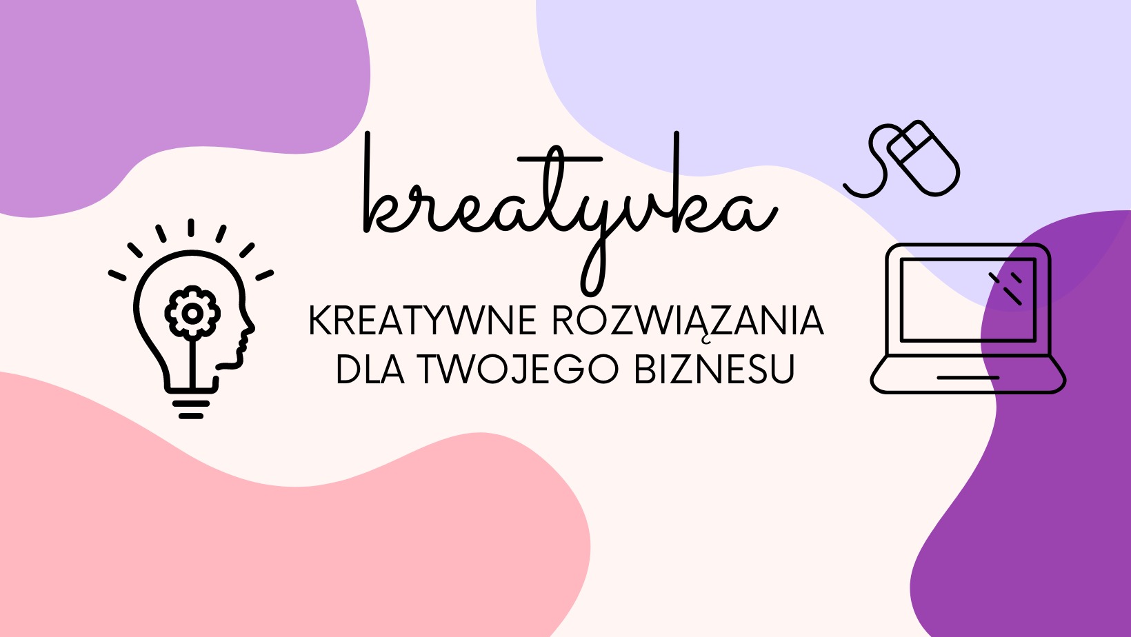 Grafika z napisem 'kreatywka', hasłem 'KREATYWNE ROZWIĄZANIA DLA TWOJEGO BIZNESU', ikoną żarówki z profilem twarzy i kwiatem w środku, ikoną myszki komputerowej oraz ikoną laptopa na tle z plamami...