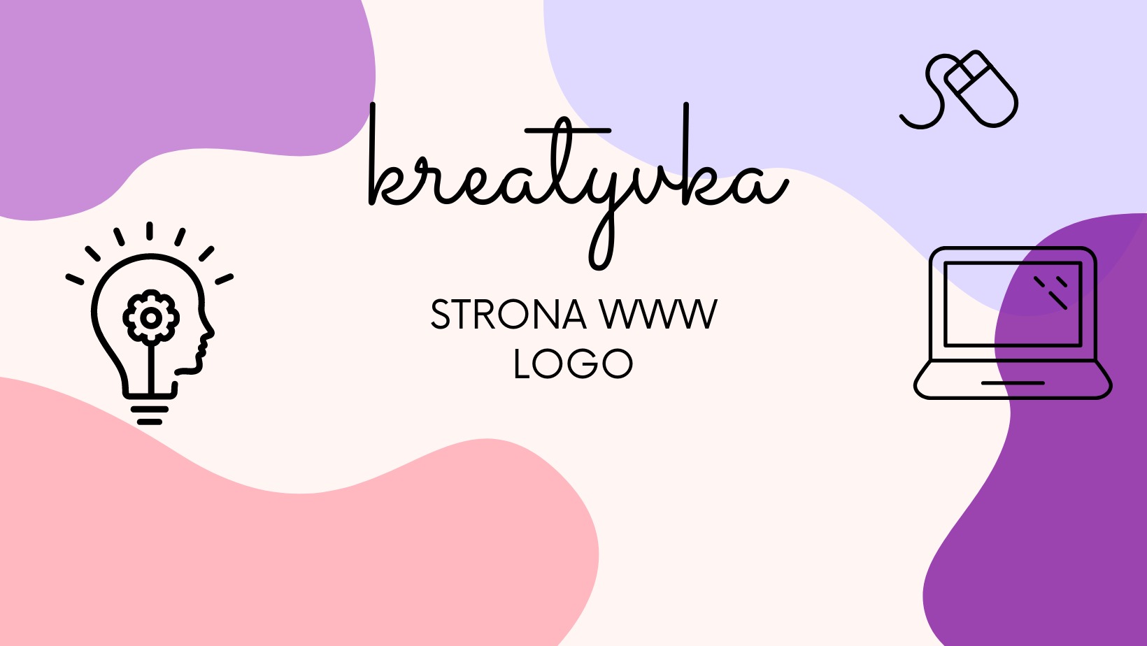 Grafika z napisem 'kreatyvka', ikoną żarówki z profilem głowy i kwiatem w środku, ikoną laptopa i myszy na tle z abstrakcyjnymi kształtami w kolorach fioletowym i różowym.