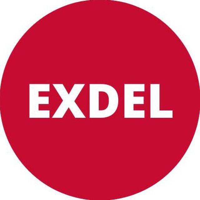 Logo firmy EXDEL na czerwonym tle w kształcie koła.