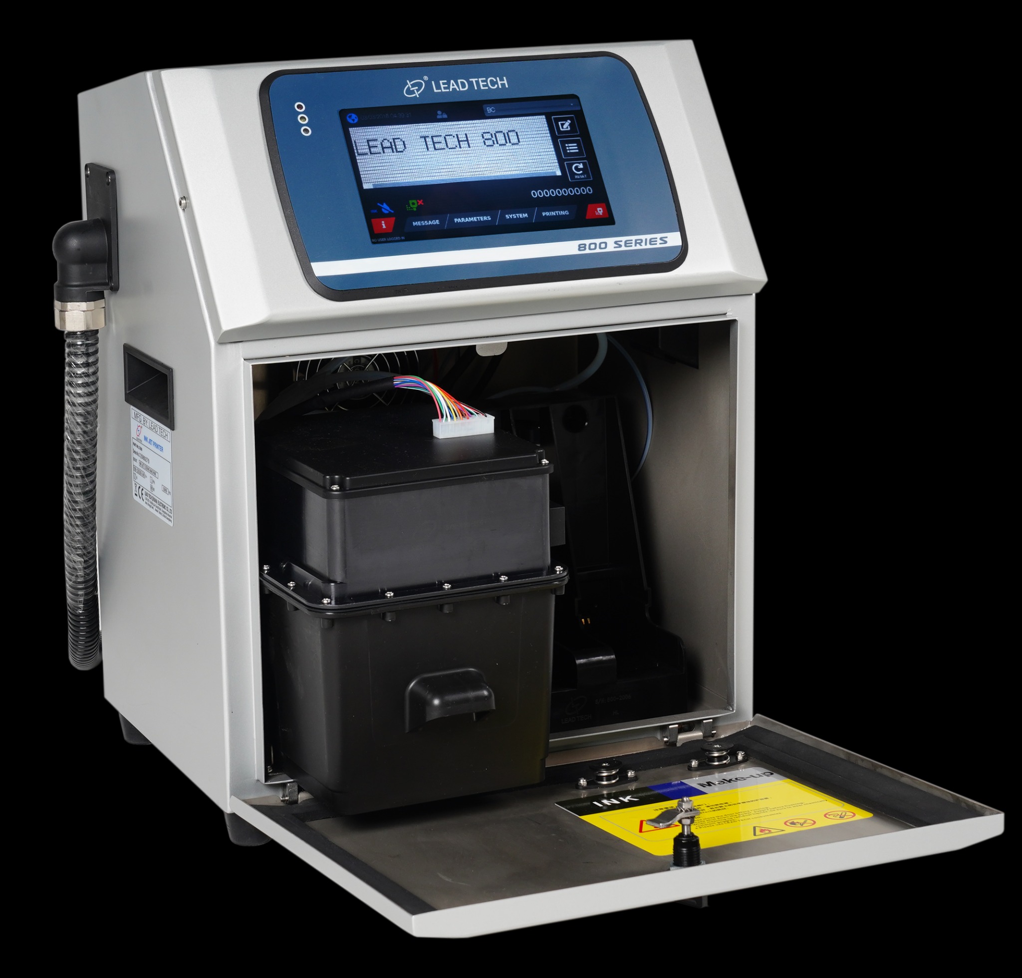 Drukarka przemysłowa Lead Tech 800 z otwartą obudową, widoczne zbiorniki z tuszem i panel sterowania z wyświetlaczem.