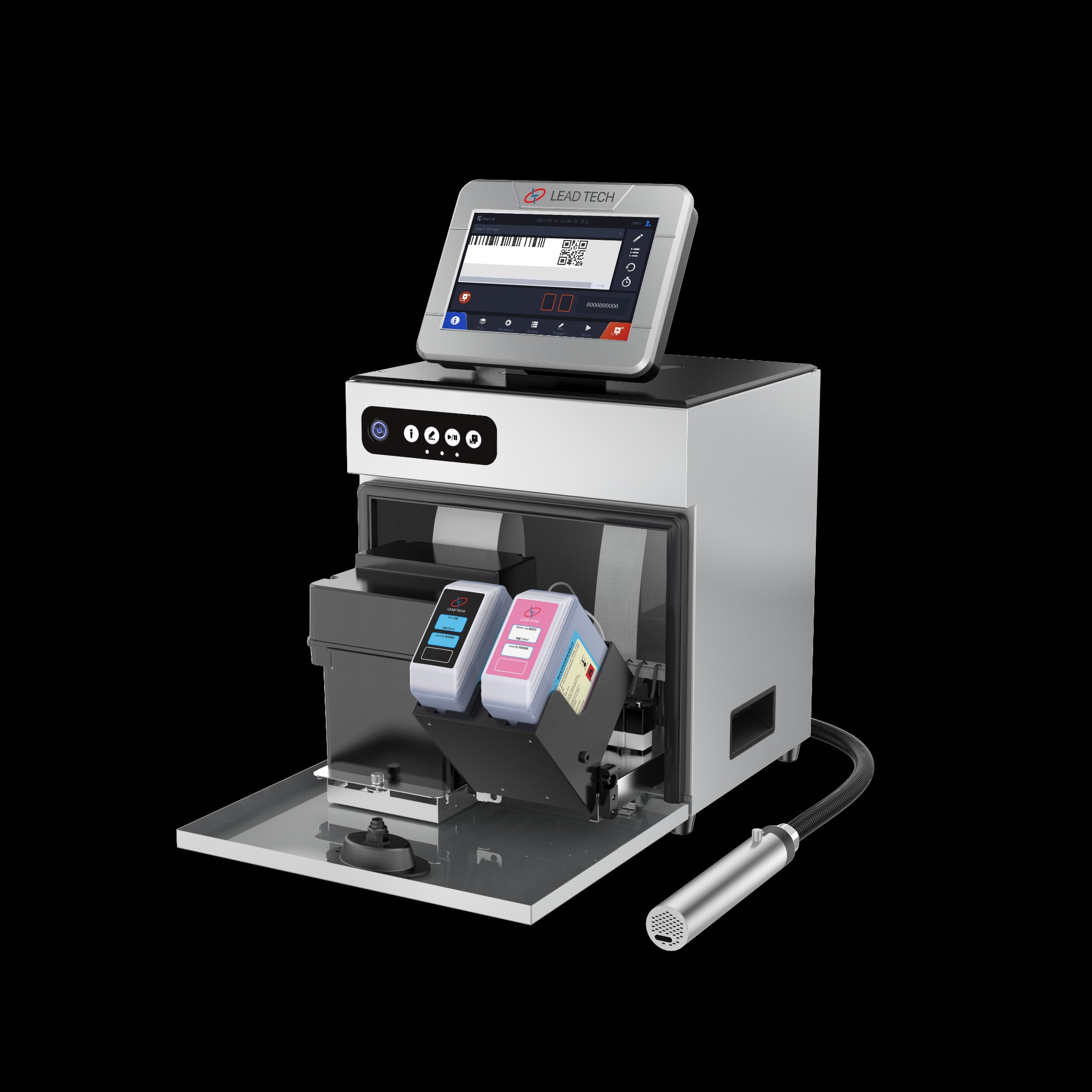 Drukarka przemysłowa z ekranem dotykowym i wkładami z atramentem, widoczne logo Lead Tech.