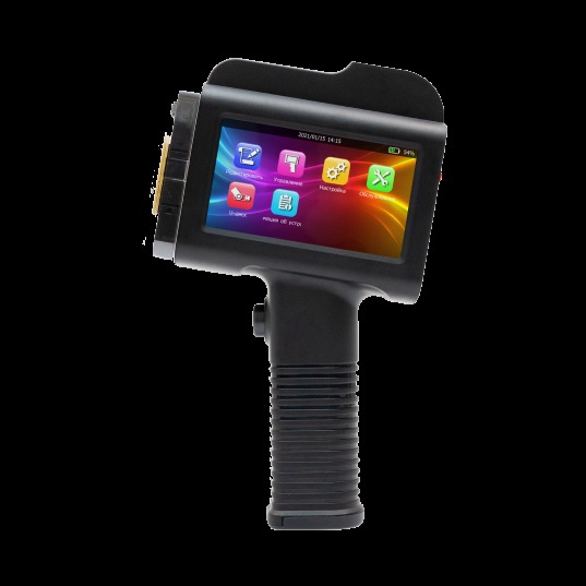 Czarny, ręczny ploter przemysłowy z kolorowym ekranem dotykowym prezentującym menu w języku rosyjskim, widok z przodu na czarnym tle.