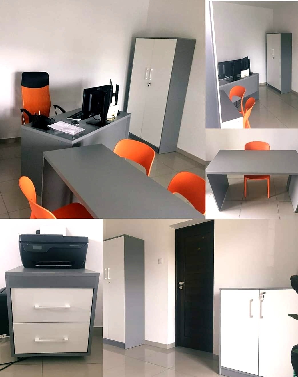 Nowoczesne biuro z szarymi meblami i pomarańczowymi krzesłami; widoczny narożny stół z komputerem, szafa dwudrzwiowa, komoda z drukarką na górze oraz stół konferencyjny z krzesłami.