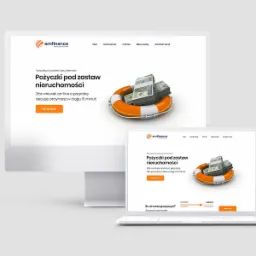 Responsywny design strony internetowej amfinance.pl na monitorze i laptopie, prezentujący ofertę pożyczek pod zastaw nieruchomości, z motywem koła ratunkowego i pliku banknotów.