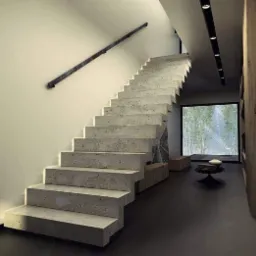 Nowoczesne schody betonowe z podświetleniem LED, czarna poręcz, minimalistyczne wnętrze z dużym oknem i widokiem na zieleń.