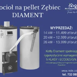 Kocioł na pellet Zębiec Diament, model z podajnikiem, spełniający normy 5 klasy i Ecodesign, prezentowany na tle z informacją o wyprzedaży i logo No Limits Energy.