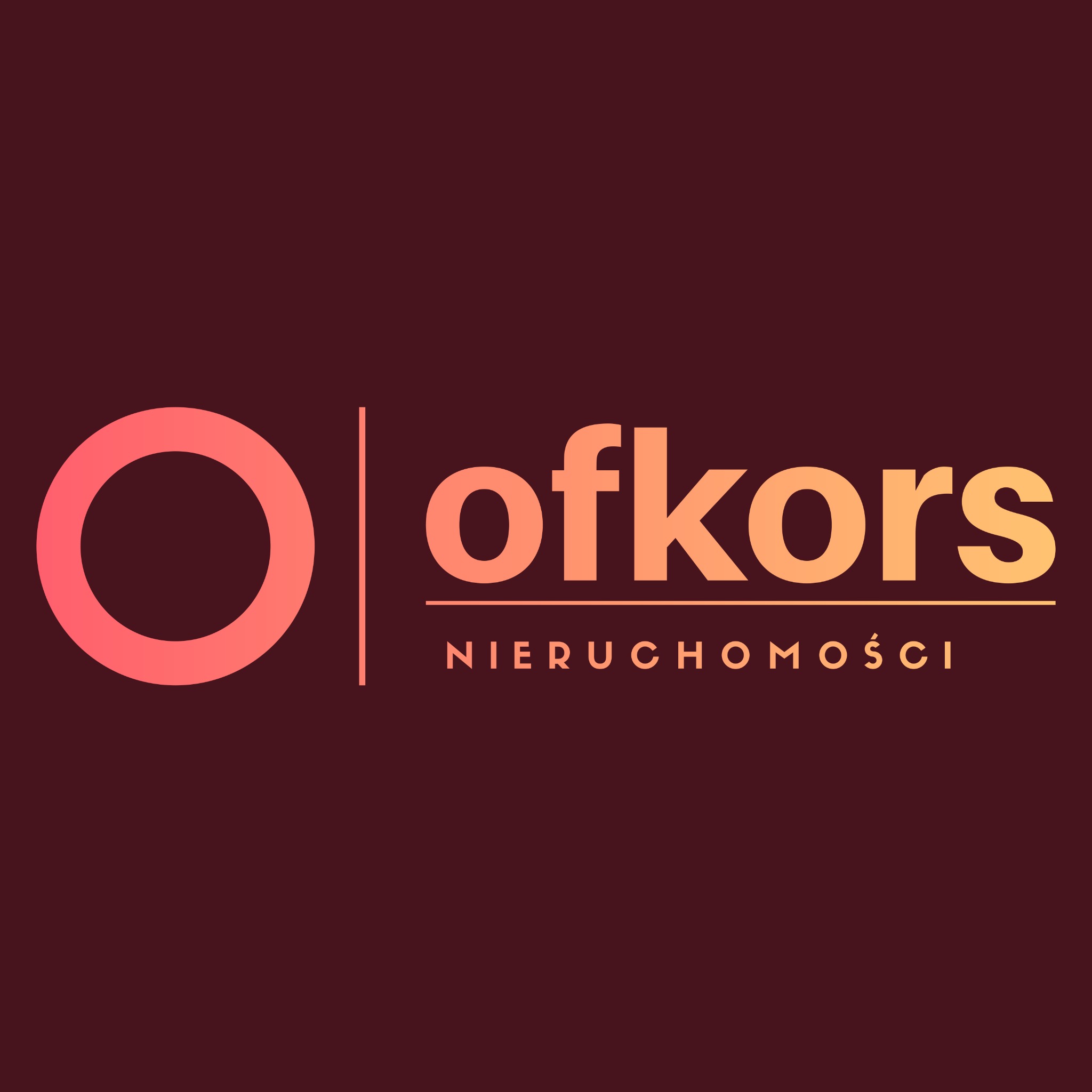 Logo firmy OFKORS Nieruchomości z gradientem kolorów od różowego do pomarańczowego na ciemnobordowym tle.