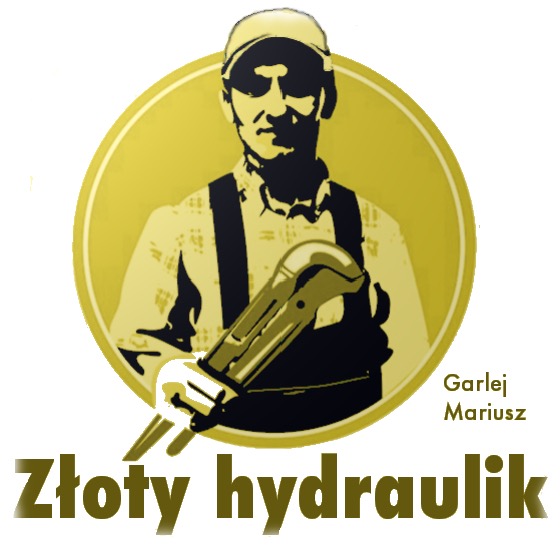 Grafika przedstawiająca hydraulika z kluczem francuskim na tle złotego koła, z napisem 'Złoty hydraulik' i imieniem 'Garlej Mariusz'.