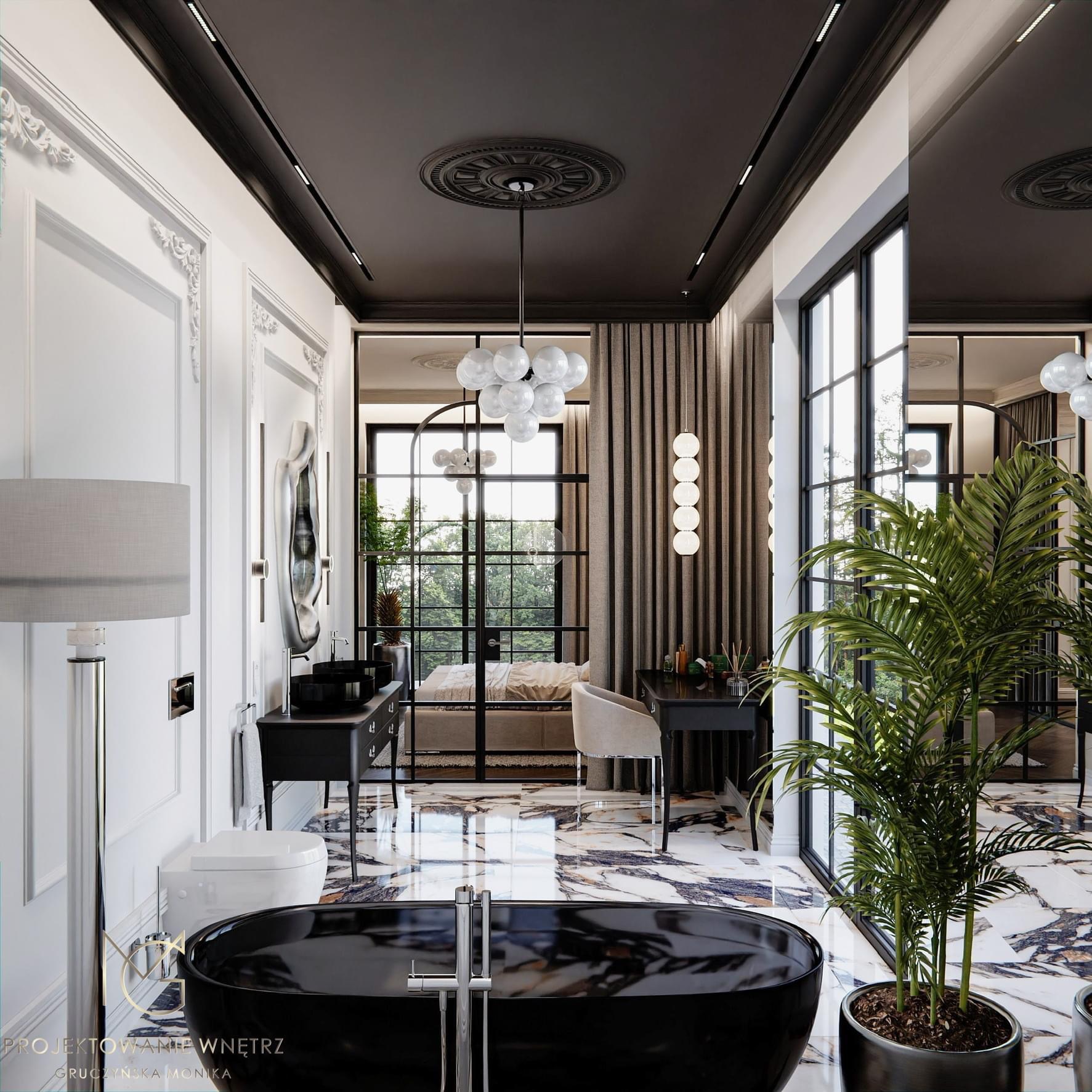 Elegancka łazienka w stylu glamour z czarną wanną wolnostojącą, marmurową podłogą, toaletką z dwoma umywalkami, oknem z widokiem na zieleń i dekoracyjnym oświetleniem.