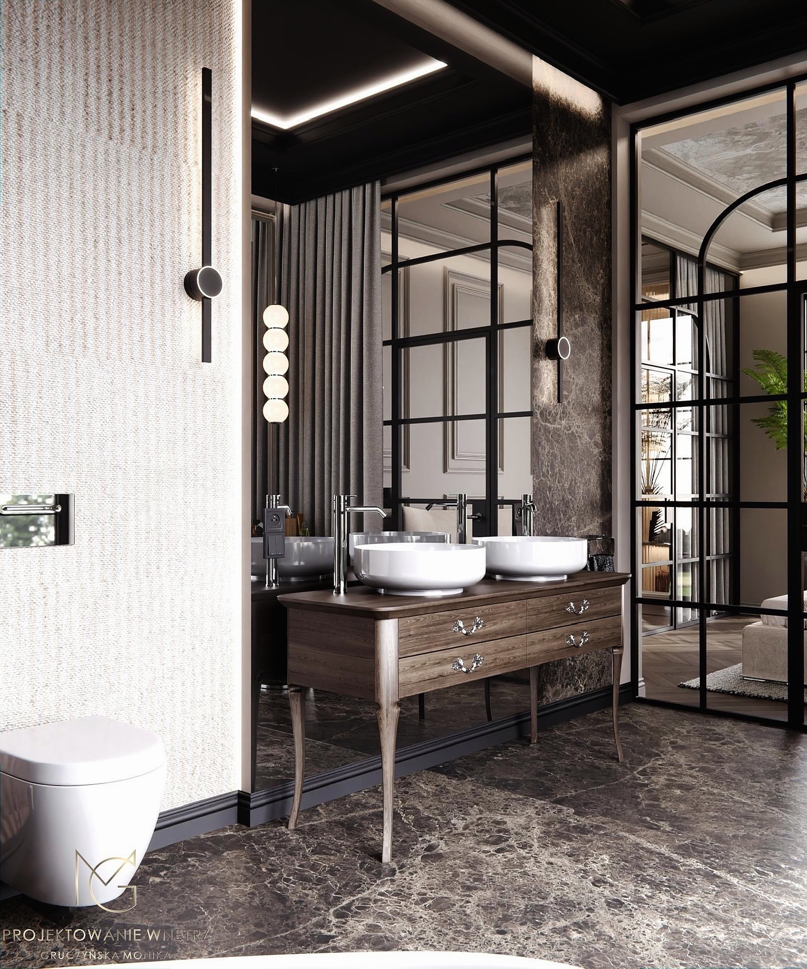 Elegancka łazienka z dwoma umywalkami na drewnianej komodzie, marmurową podłogą i ścianami, oświetleniem punktowym oraz kabiną prysznicową oddzieloną czarnymi, przeszklonymi drzwiami.