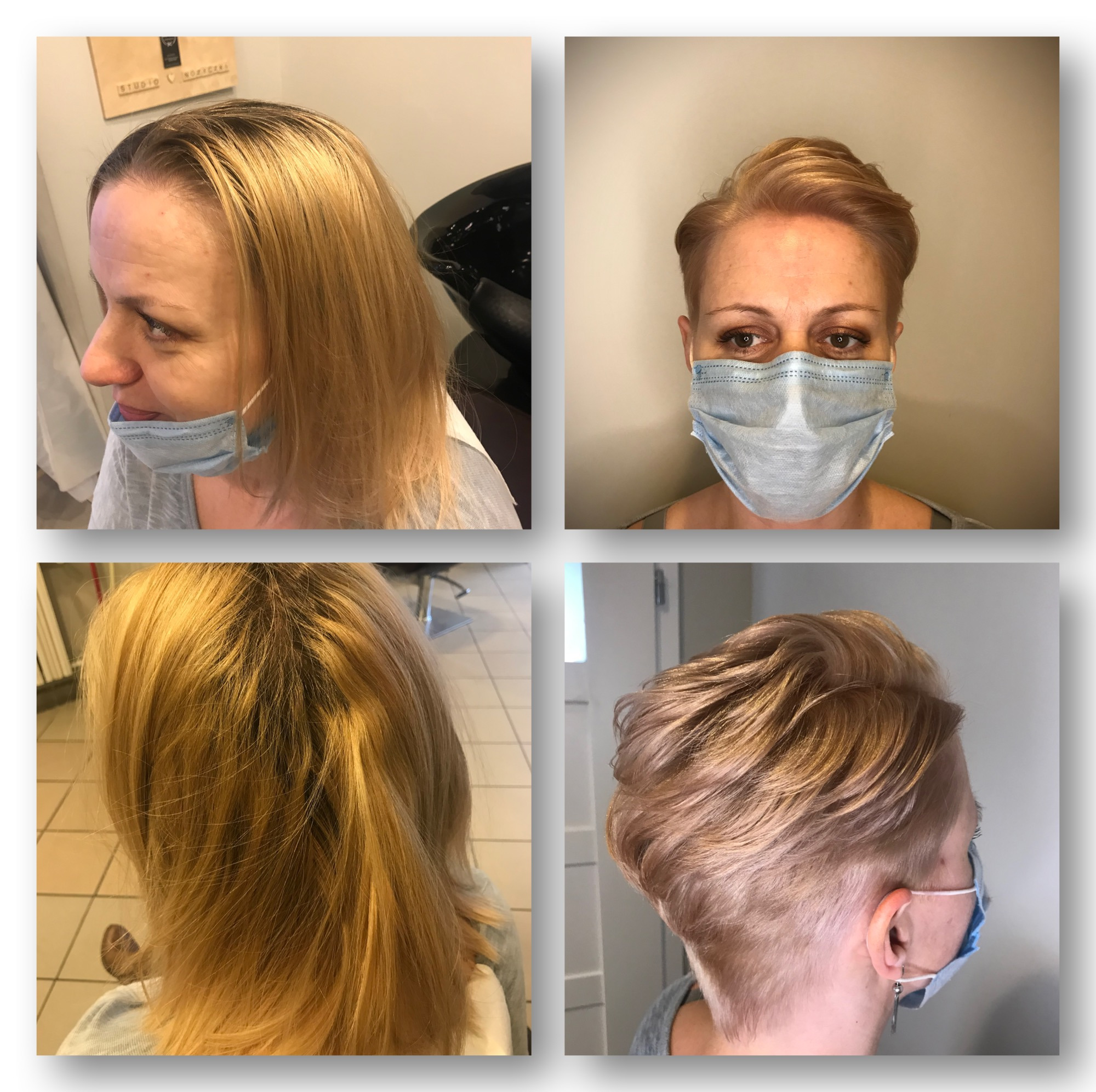 Kolaż ukazujący metamorfozę włosów klientki: przedłużone blond włosy przed i po krótkim, wystylizowanym cięciu w odcieniach blondu, kobieta w maseczce.