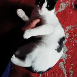 Czarno-biały kot leżący na czerwonym dywanie, głaskany przez osobę w czarnych spodniach.