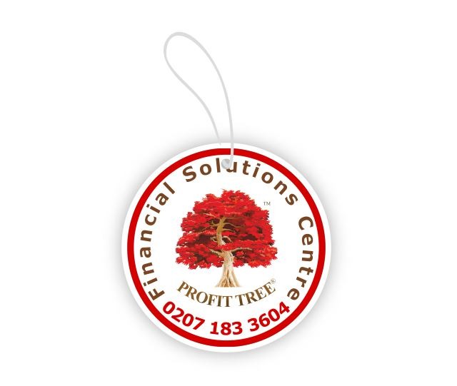 Okrągła zawieszka z logiem firmy Financial Solutions Centre, przedstawiającym czerwone drzewo z napisem PROFIT TREE i numerem telefonu 0207 183 3604.