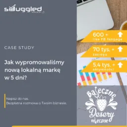 Case study prezentujące wyniki promocji lokalnej marki: wzrost polubień na Facebooku, zasięgu i aktywności, z laptopem i wykresem w tle.