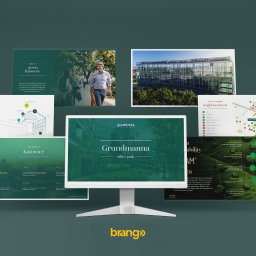 Brango - studio graficzne Grzegorz Kozłowski - Wizualizacja cyfrowej prezentacji o biurowcu Grundmanna i zielonym Katowicach, z głównym monitorem i otaczającymi go slajdami informacyjnymi.