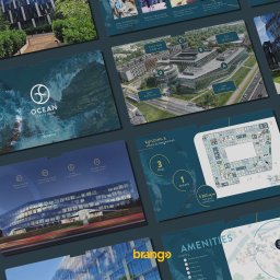 Brango - studio graficzne Grzegorz Kozłowski - Cyfrowa prezentacja biurowca Ocean Office Park: logo na tle fal, wizualizacja lotnicza kompleksu z metrażem, nocny render budynku i plan piętra z udogodnieniami.