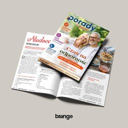 Brango - studio graficzne Grzegorz Kozłowski - Rozłożony magazyn 'Porady z apteki' z uśmiechniętą starszą parą na okładce i artykułami o odporności, leży na jasnym tle, widoczne logo 'brang»'.