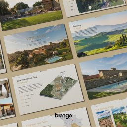 Brango - studio graficzne Grzegorz Kozłowski - Rozłożone na beżowym tle strony broszury prezentującej toskańską posiadłość Vitignano: widoki willi z basenem, zielone wzgórza i mapy regionu.