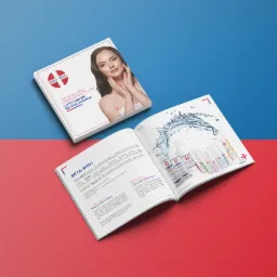 Dwa otwarte foldery reklamowe dermokosmetyków Beta-Skin na dwukolorowym tle, prezentujące linię produktów z aktywnym beta-glukanem oraz krem Natural Active Cream.