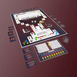 Widok z góry na rozłożoną grę planszową 'Białe czy Czerwone?' z pionkami, kostkami i kartami do gry, na ciemnobrązowym tle.