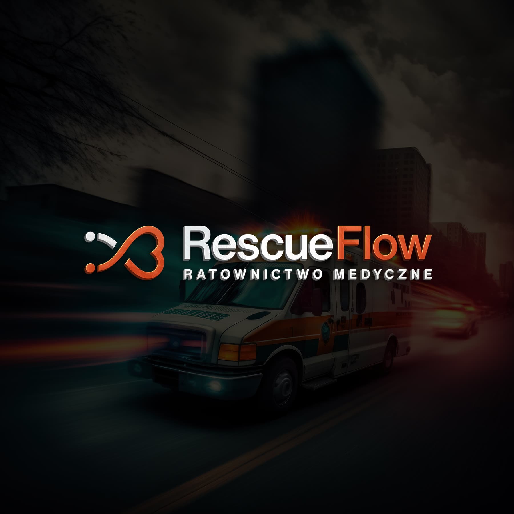 Grafika logo RescueFlow Ratownictwo Medyczne umieszczona na tle rozmytego zdjęcia ambulansu na tle miejskim.
