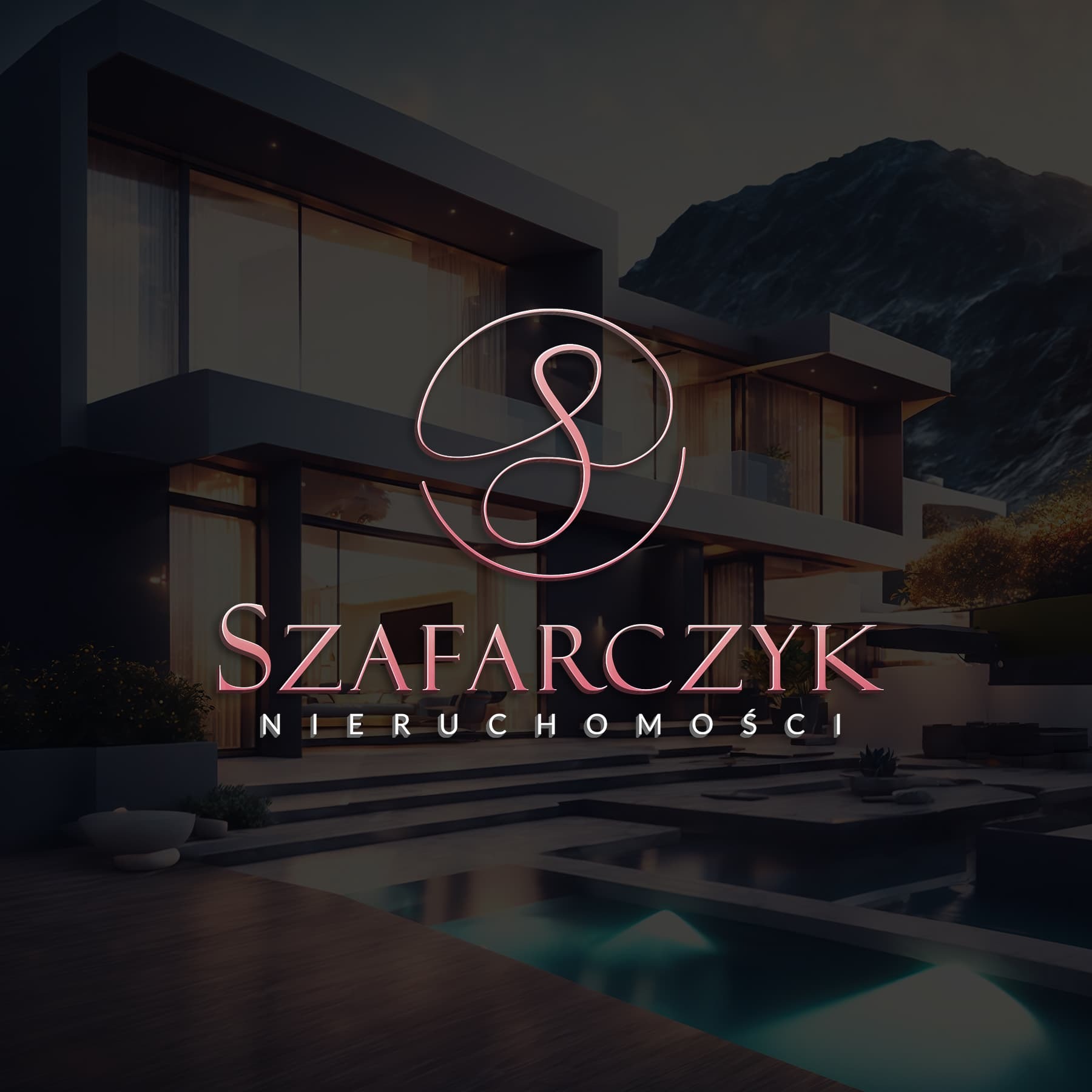 Wizualizacja logo firmy Szafarczyk Nieruchomości na tle nowoczesnej willi z basenem i górskim krajobrazem w tle, wykonana w odcieniach różu i szarości.